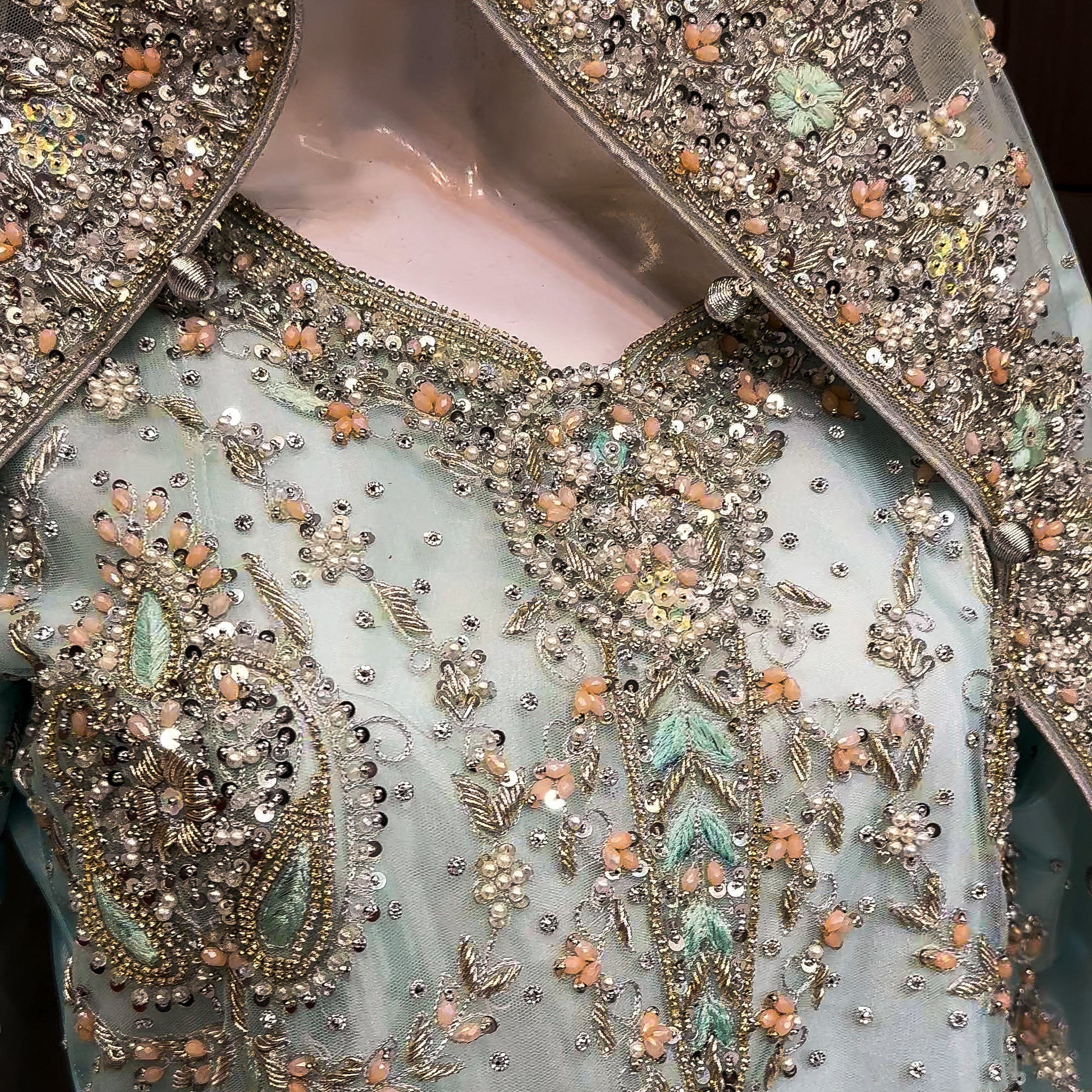 Pakistani bridal lehenga with heavy kora and crystal handwork shirt view close up view