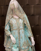 Pakistani bridal lehenga with heavy kora and crystal handwork