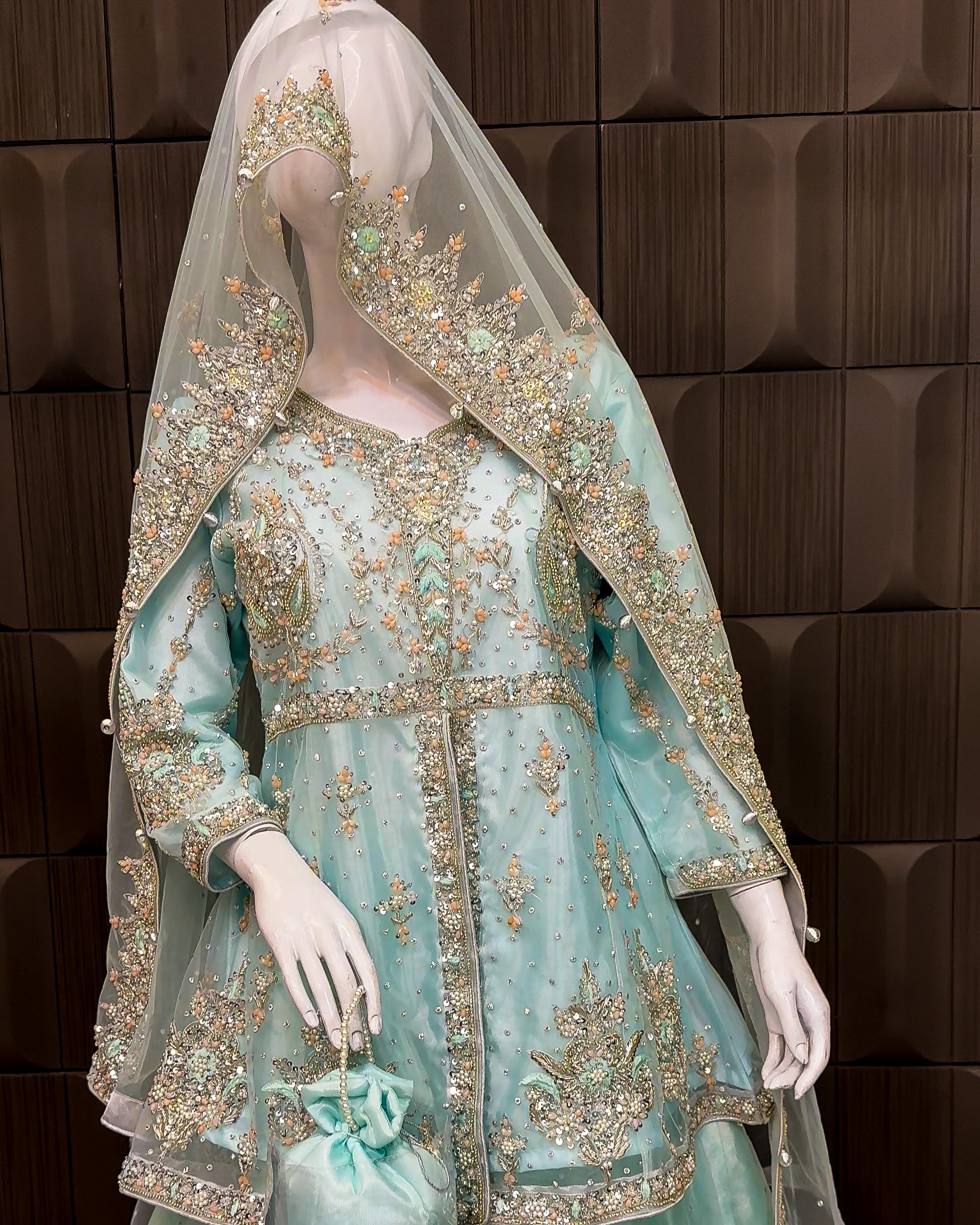 Pakistani bridal lehenga with heavy kora and crystal handwork