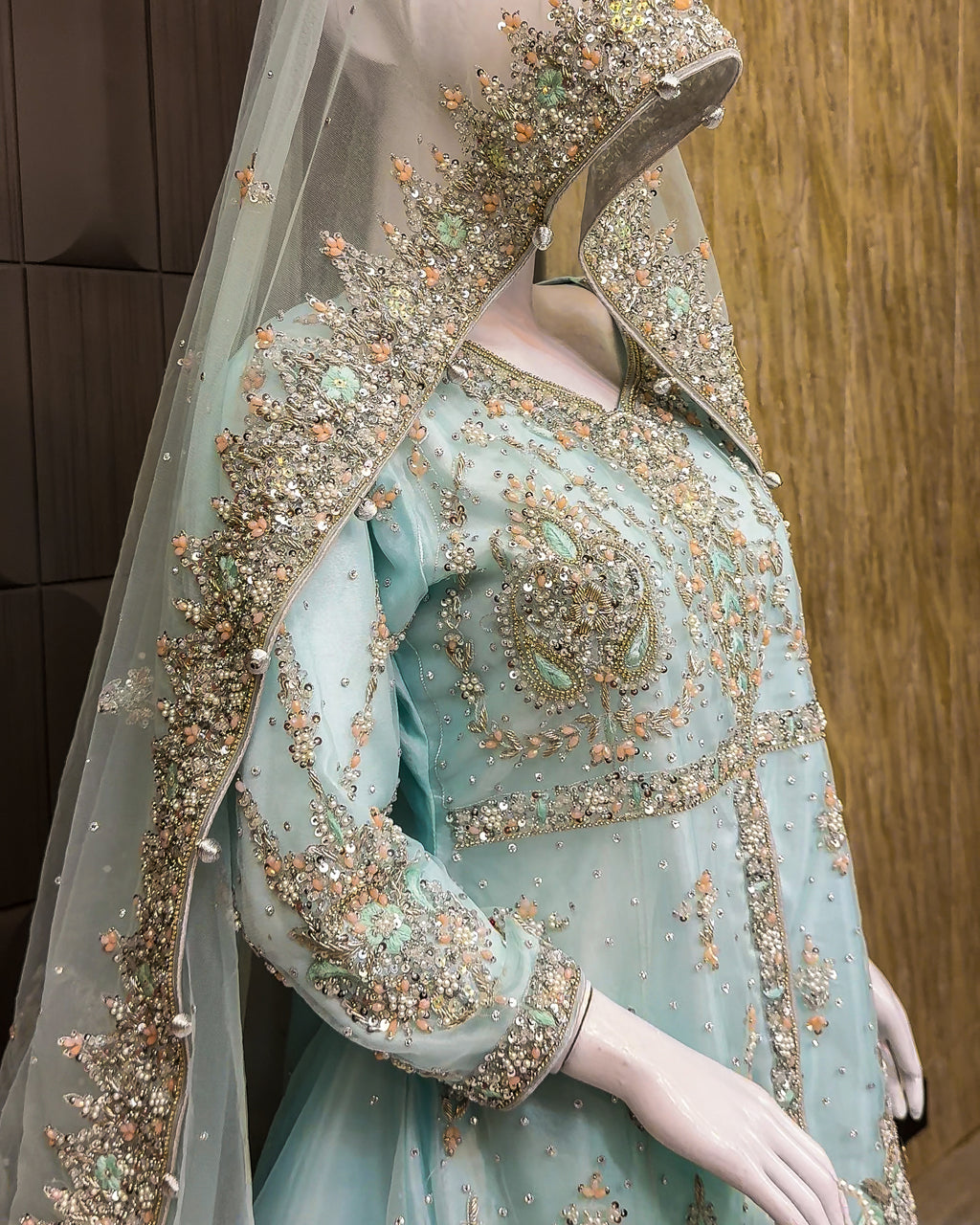 Pakistani bridal lehenga with heavy kora and crystal handwork