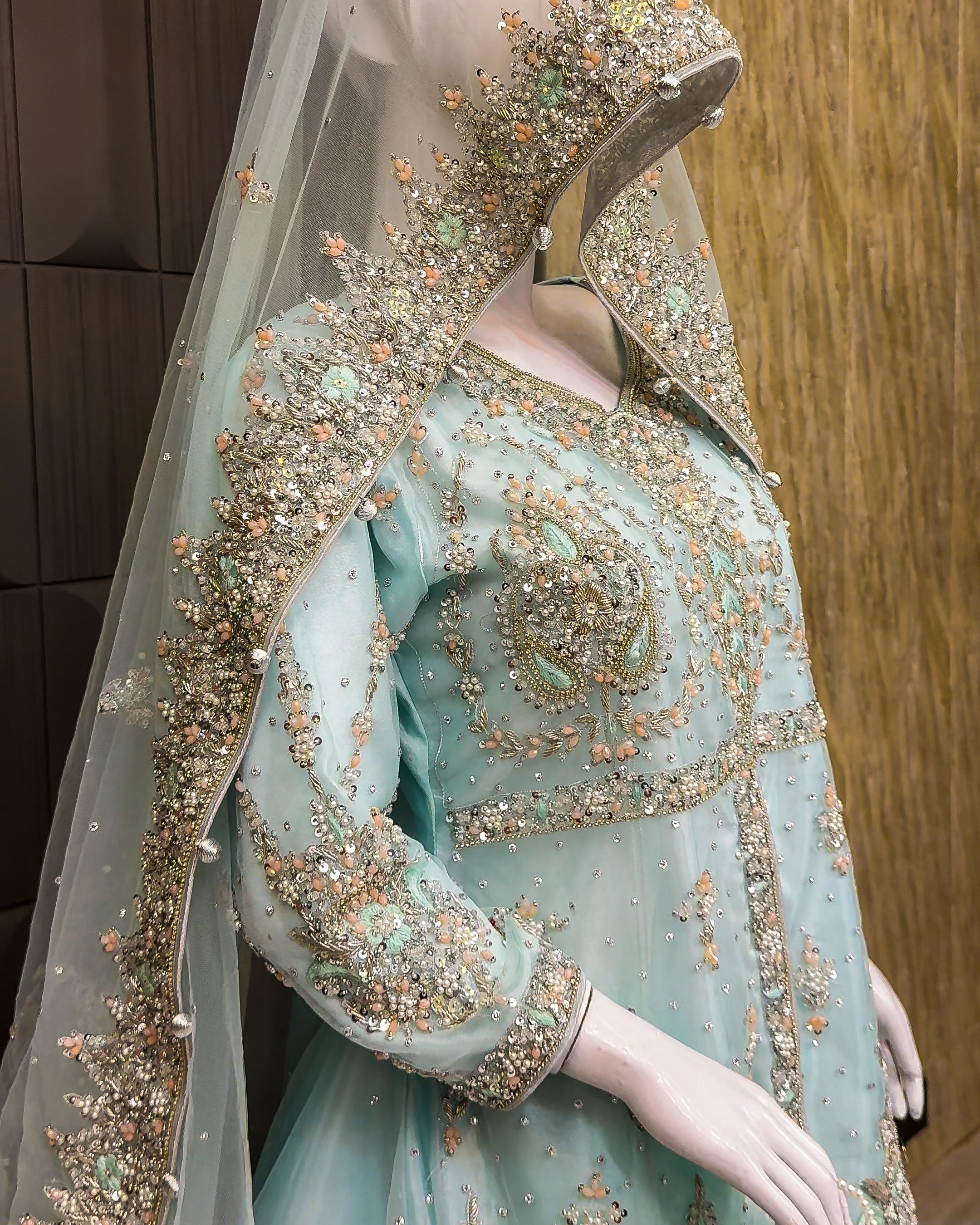 Pakistani bridal lehenga with heavy kora and crystal handwork
