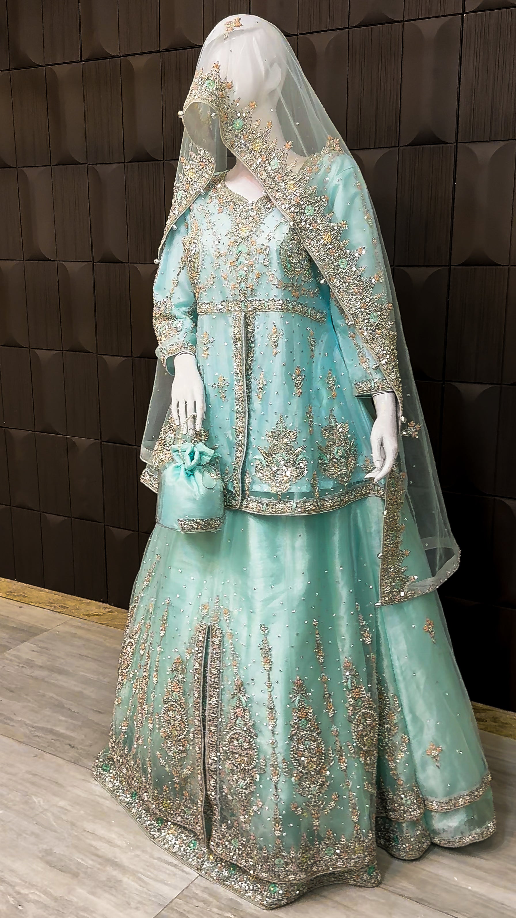 Bridal short frock with lehenga in ice blue color full view