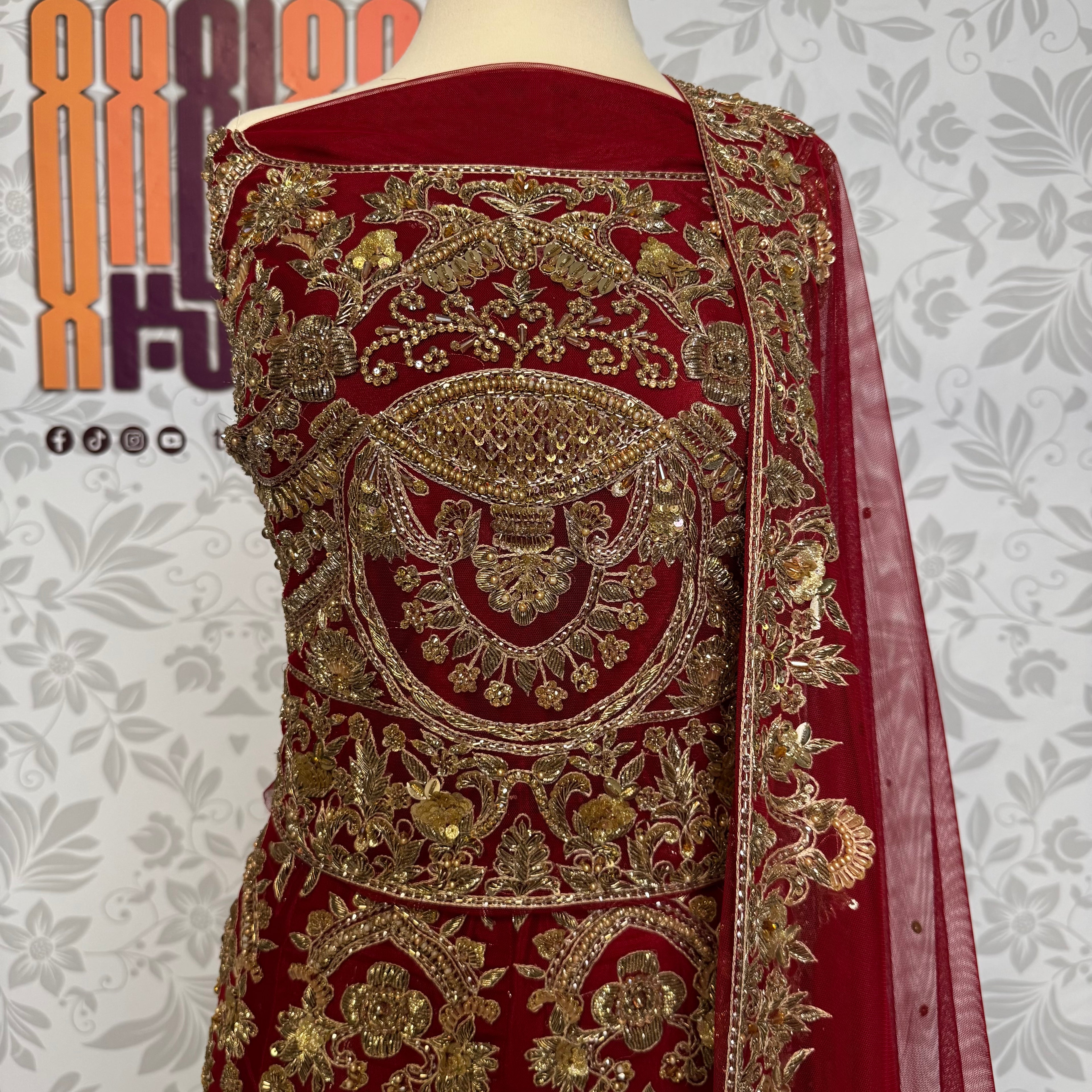 Bridal lehenga hand work shirt front BL014 – deep red with heavy kora dabka jewelry crystal embroidery on Bareeze Net