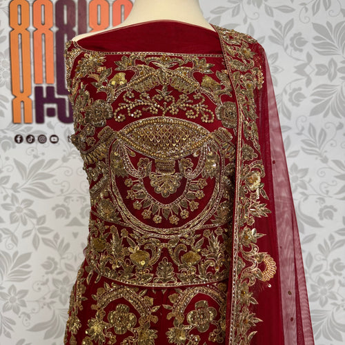 Bridal lehenga hand work shirt front BL014 – deep red with heavy kora dabka jewelry crystal embroidery on Bareeze Net
