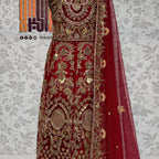 Bridal lehenga online Pakistan BL014 dupatta – deep red with heavy matha patti border spray booti chatta and light three-side work