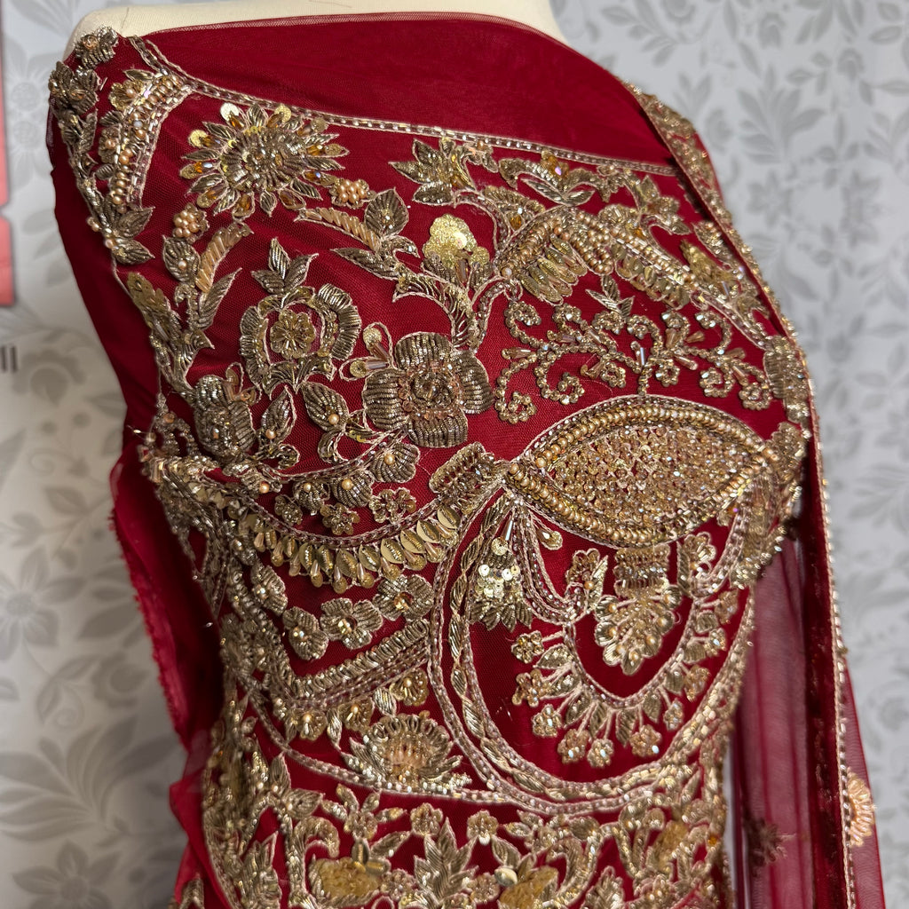 Bridal lehenga hand work shirt front BL014 – deep red with heavy kora dabka jewelry crystal embroidery on Bareeze Net