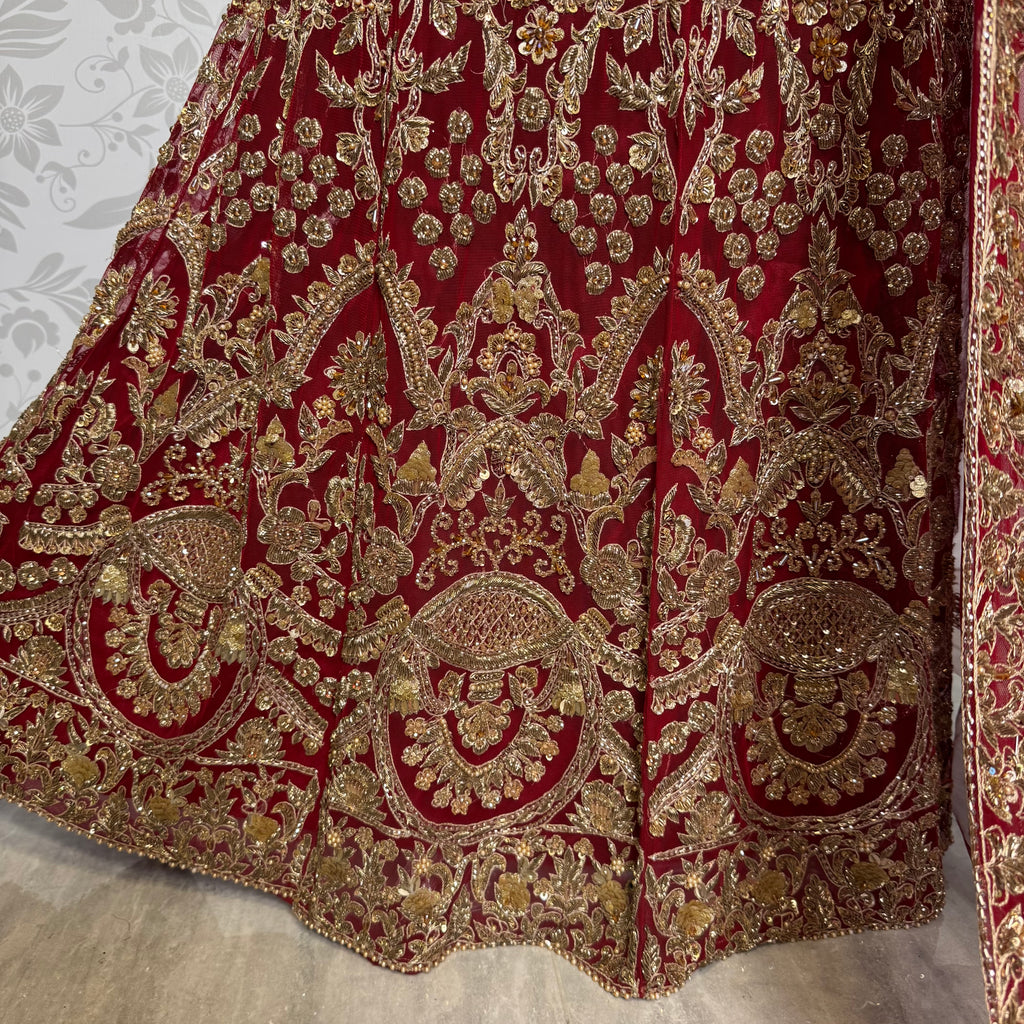 Wedding lehenga hand work BL014 – deep red Bareeze Net lehenga with kora dabka crystal and panel work embroidery Pakistan
