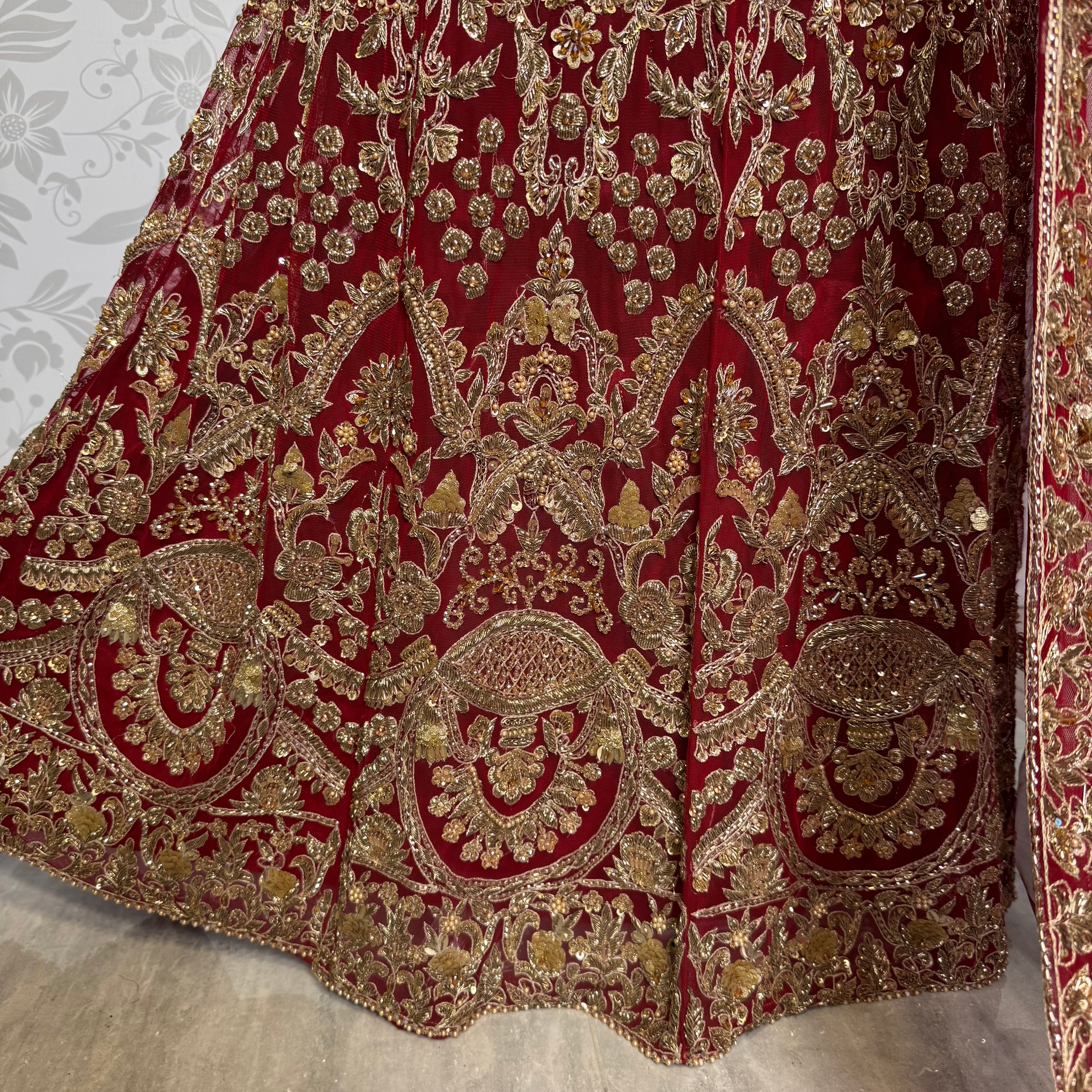 Wedding lehenga hand work BL014 – deep red Bareeze Net lehenga with kora dabka crystal and panel work embroidery Pakistan