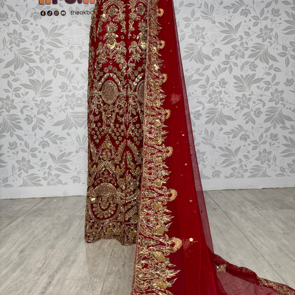 Wedding lehenga hand work BL014 – deep red Bareeze Net lehenga with kora dabka crystal and panel work embroidery Pakistan
