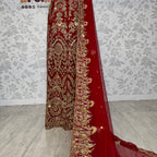 Wedding lehenga hand work BL014 – deep red Bareeze Net lehenga with kora dabka crystal and panel work embroidery Pakistan