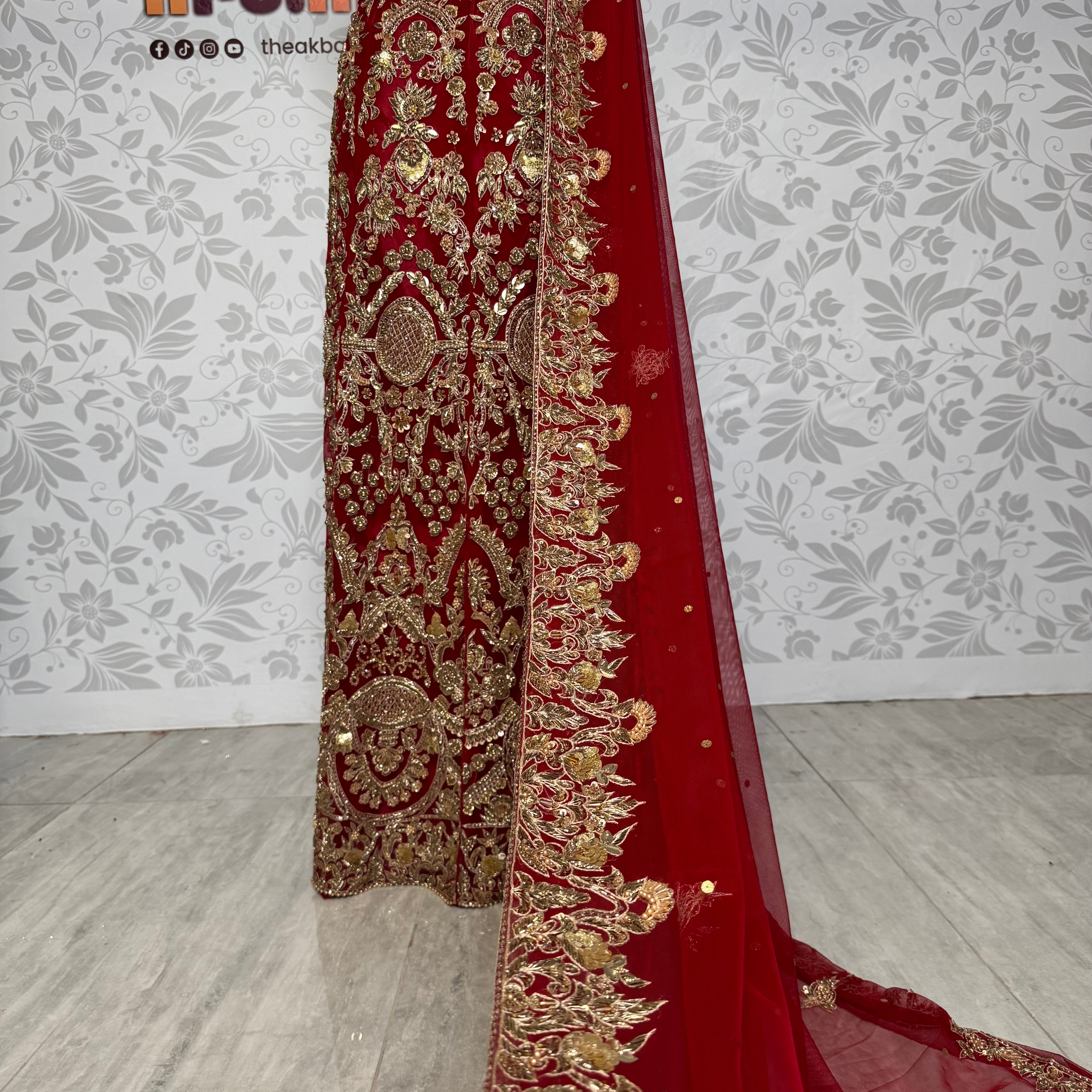 Wedding lehenga hand work BL014 – deep red Bareeze Net lehenga with kora dabka crystal and panel work embroidery Pakistan