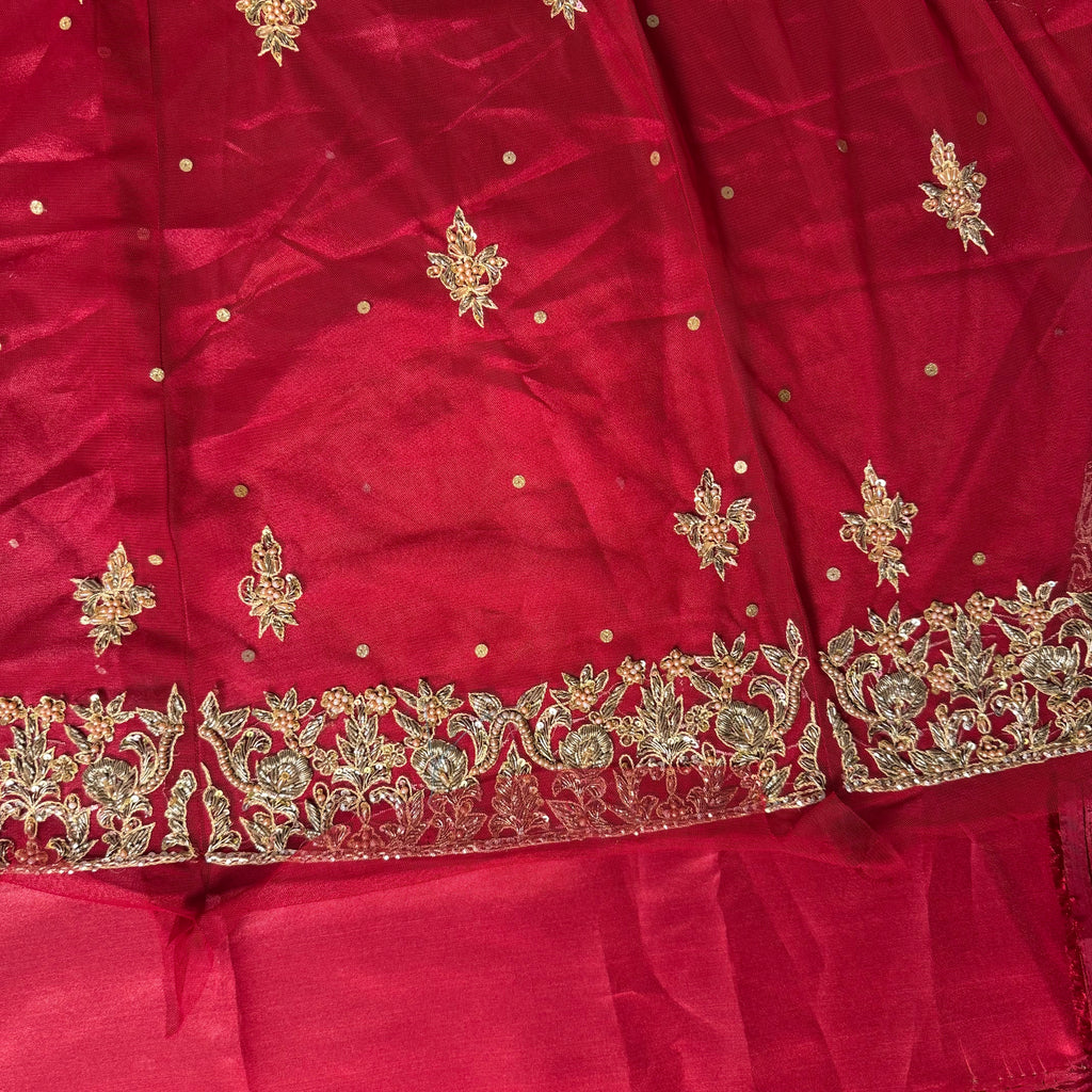 Bridal lehenga hand work shirt back BL014 – deep red with heavy kora dabka jewelry crystal embroidery on Bareeze Net
