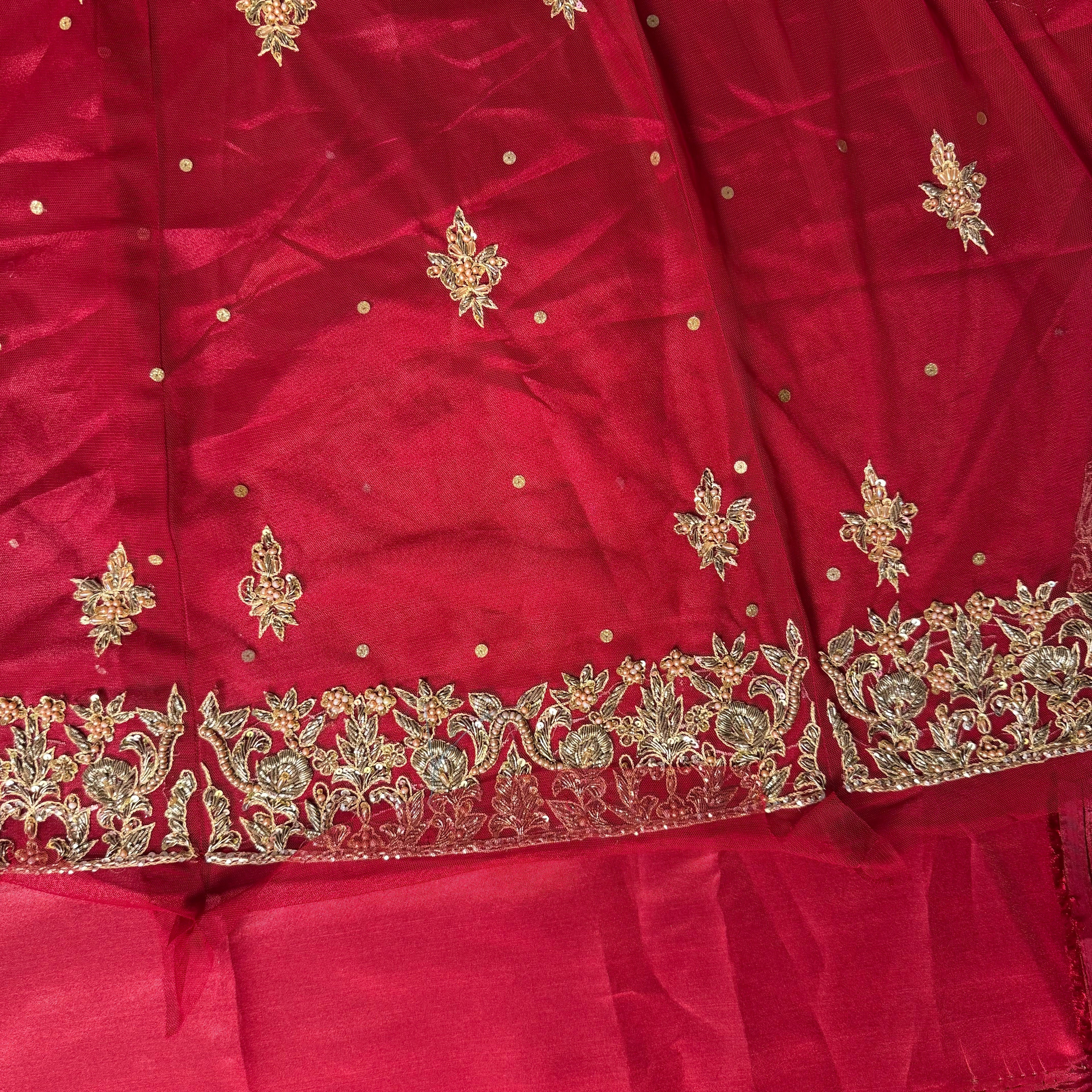 Bridal lehenga hand work shirt back BL014 – deep red with heavy kora dabka jewelry crystal embroidery on Bareeze Net
