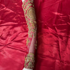 Bridal lehenga Pakistani BL014 sleeves detail – kora dabka jewelry crystal hand embroidery on deep red Bareeze Net fabric