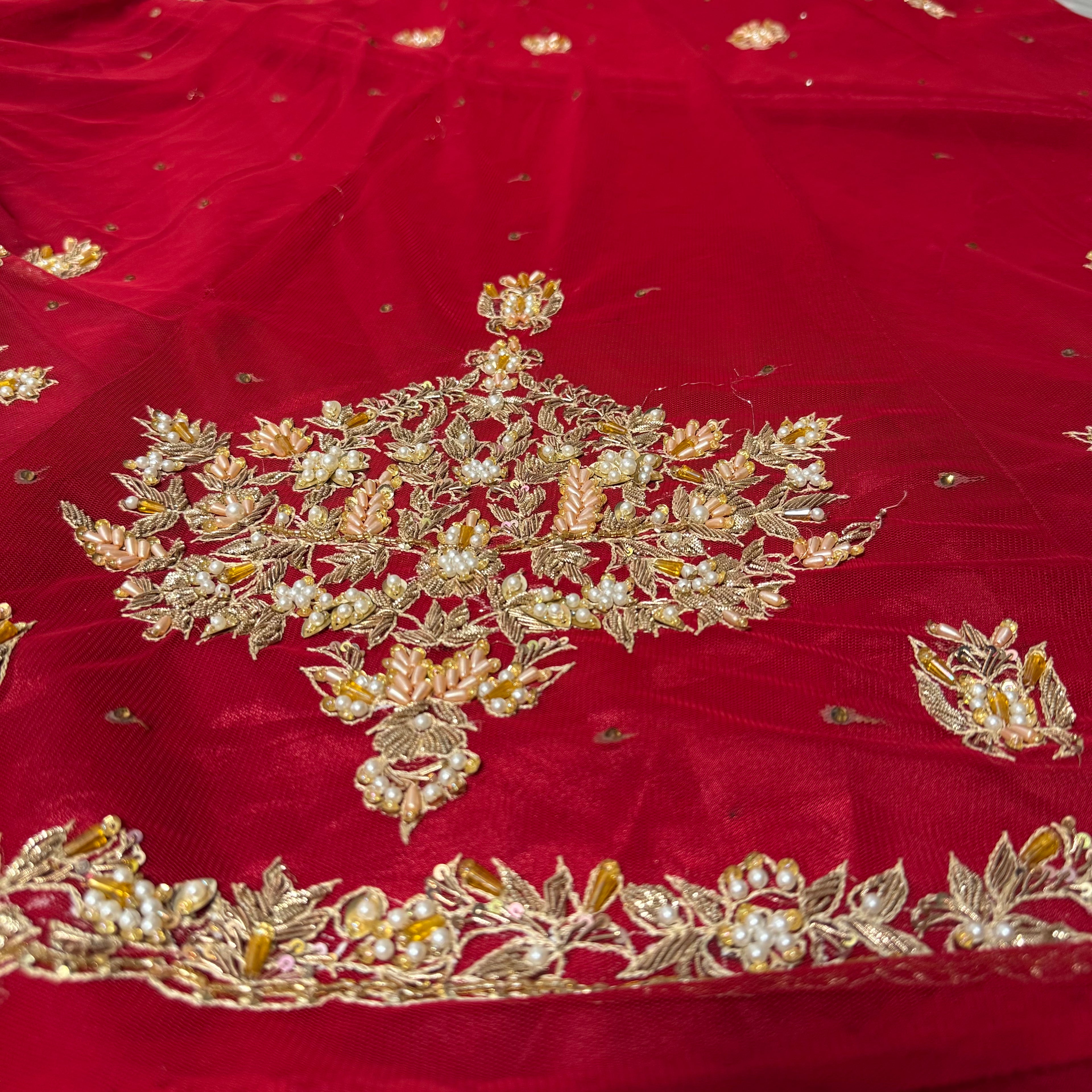 Bridal lehenga hand work shirt back BL015 – deep red Bareeze Net with border boti and spray work embroidery Pakistan
