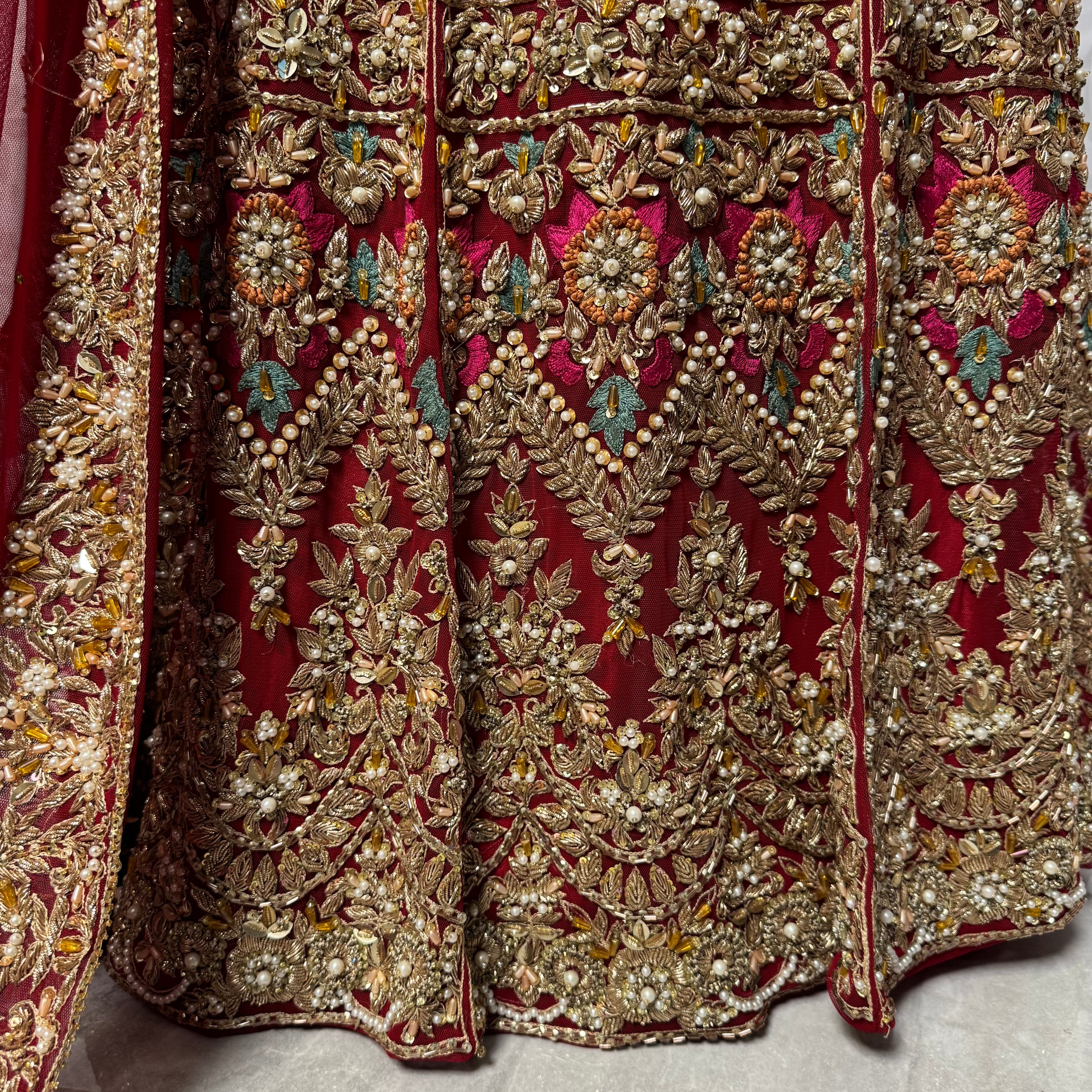 Wedding lehenga hand work BL015 – deep red Bareeze Net with multi resham motif kora dabka and panel work embroidery Pakistan