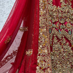 Wedding lehenga hand work BL015 – deep red Bareeze Net with multi resham motif kora dabka and panel work embroidery Pakistan