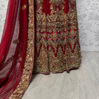 Wedding lehenga hand work BL015 – deep red Bareeze Net with multi resham motif kora dabka and panel work embroidery Pakistan