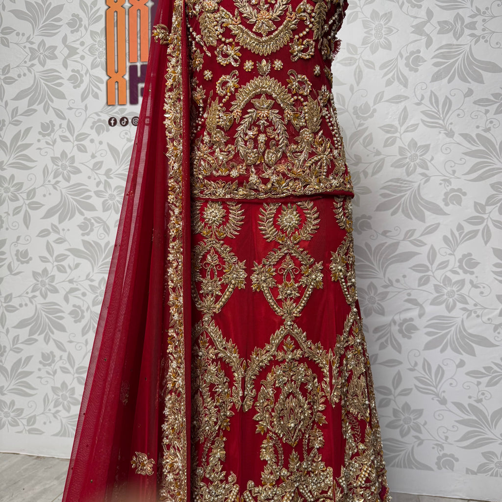 Wedding lehenga hand work BL015 – deep red Bareeze Net with multi resham motif kora dabka and panel work embroidery Pakistan