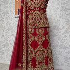 Wedding lehenga hand work BL015 – deep red Bareeze Net with multi resham motif kora dabka and panel work embroidery Pakistan