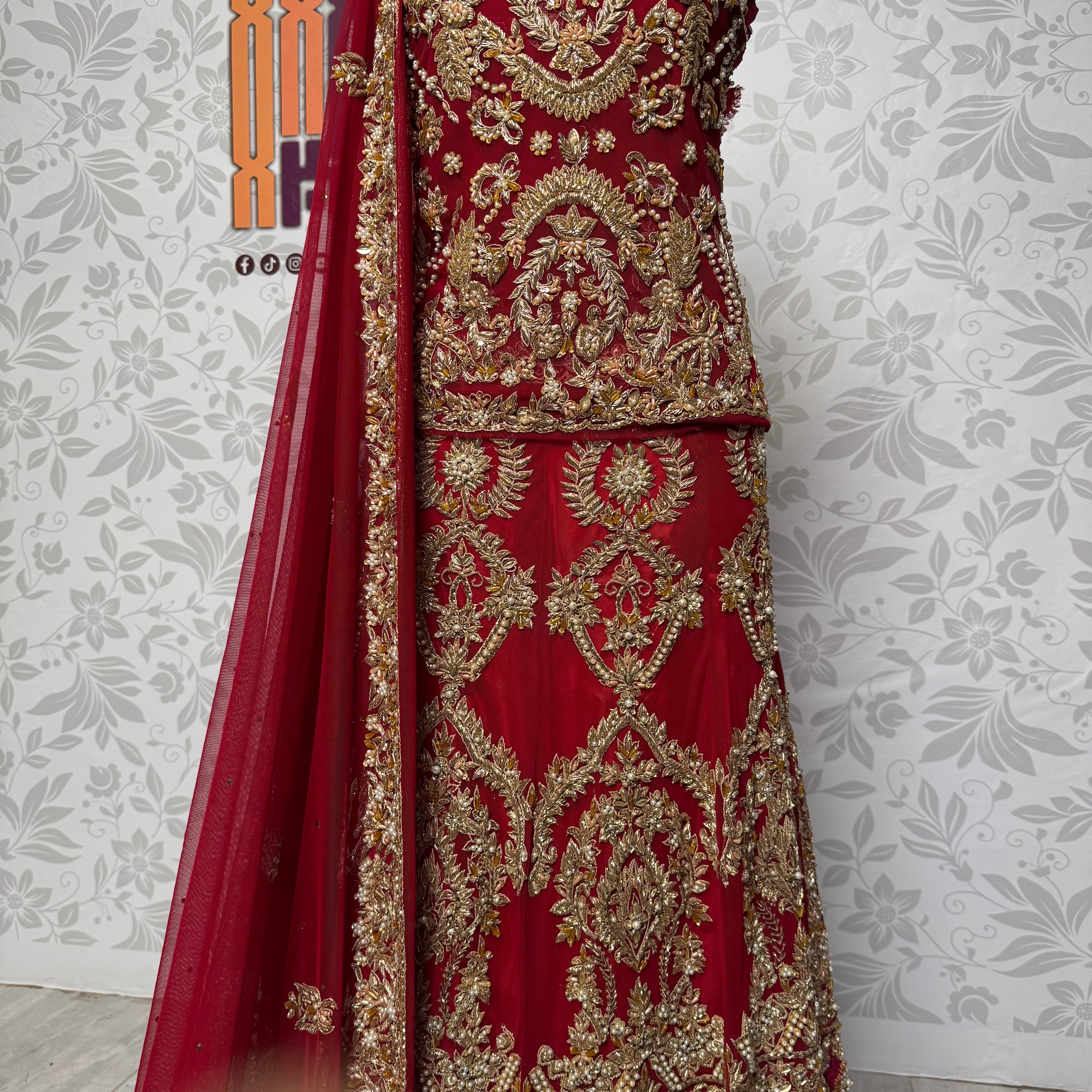 Wedding lehenga hand work BL015 – deep red Bareeze Net with multi resham motif kora dabka and panel work embroidery Pakistan