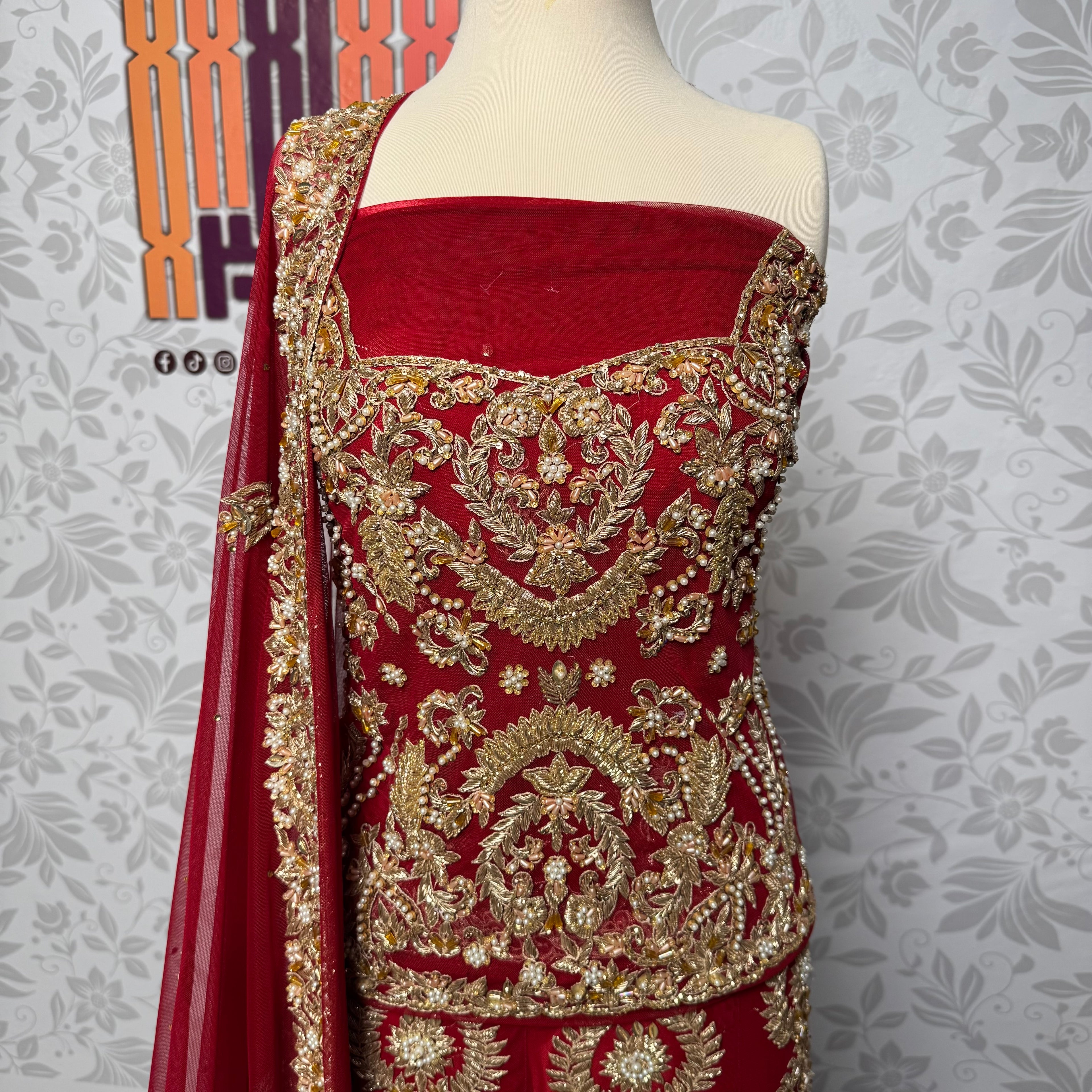 Bridal lehenga hand work shirt front BL015 – deep red Bareeze Net with multi resham motif style kora and dabka embroidery