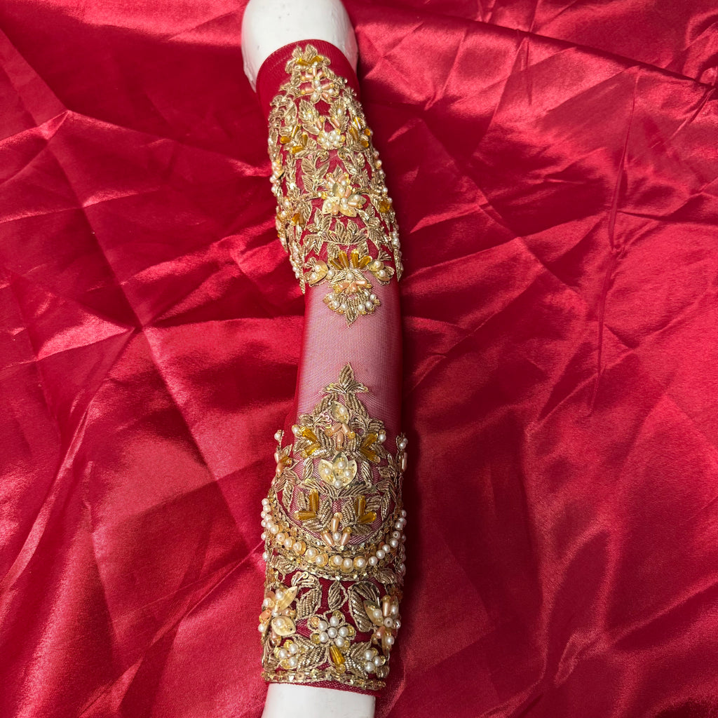 Bridal lehenga Pakistani BL015 sleeves detail – multi resham motif style kora dabka hand embroidery on deep red Bareeze Net