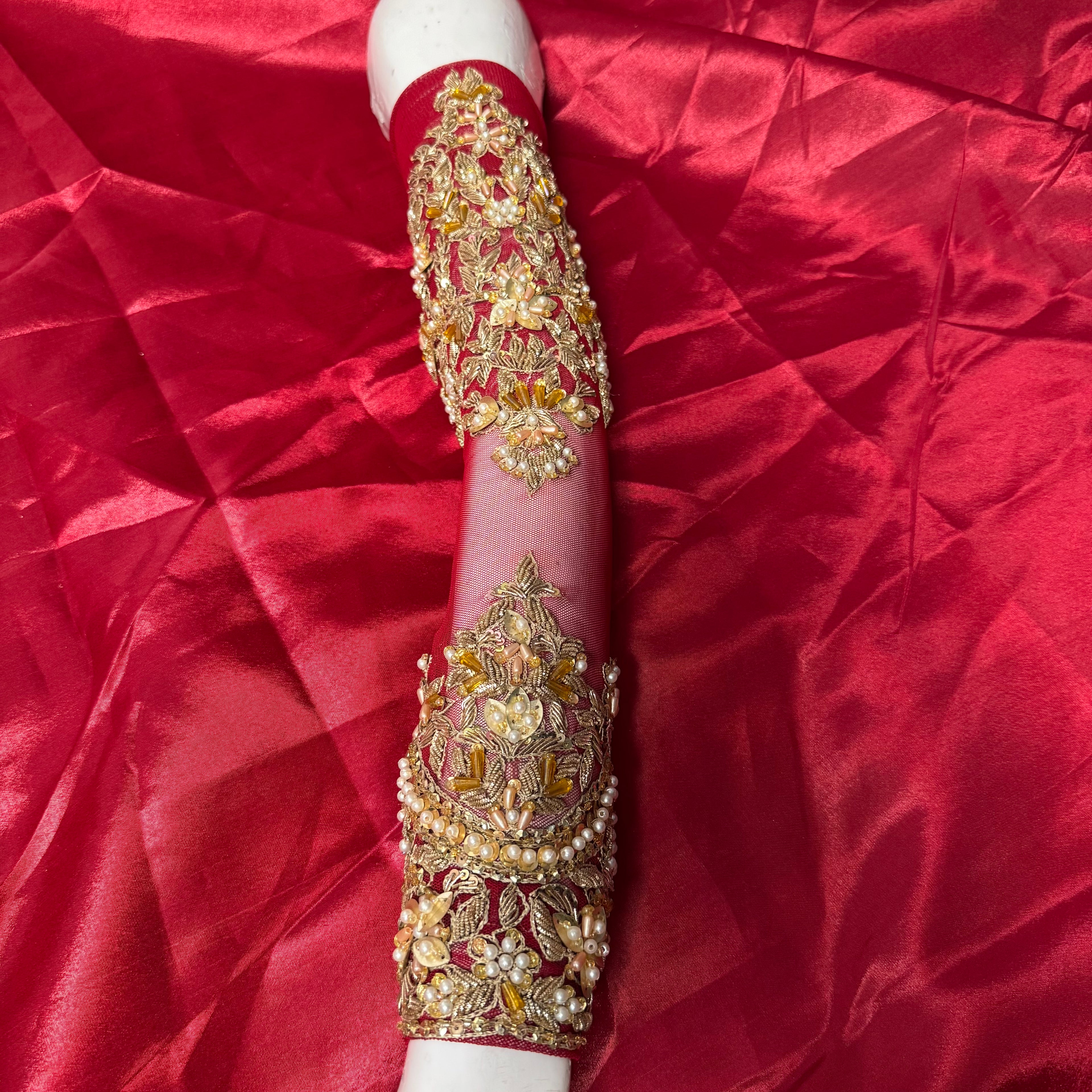 Bridal lehenga Pakistani BL015 sleeves detail – multi resham motif style kora dabka hand embroidery on deep red Bareeze Net