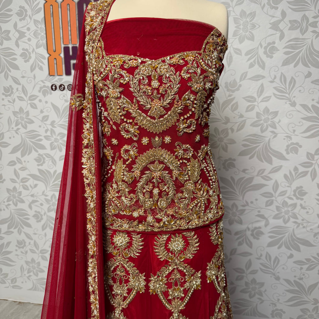 Bridal lehenga hand work shirt front BL015 – deep red Bareeze Net with multi resham motif style kora and dabka embroidery