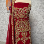 Bridal lehenga hand work shirt front BL015 – deep red Bareeze Net with multi resham motif style kora and dabka embroidery