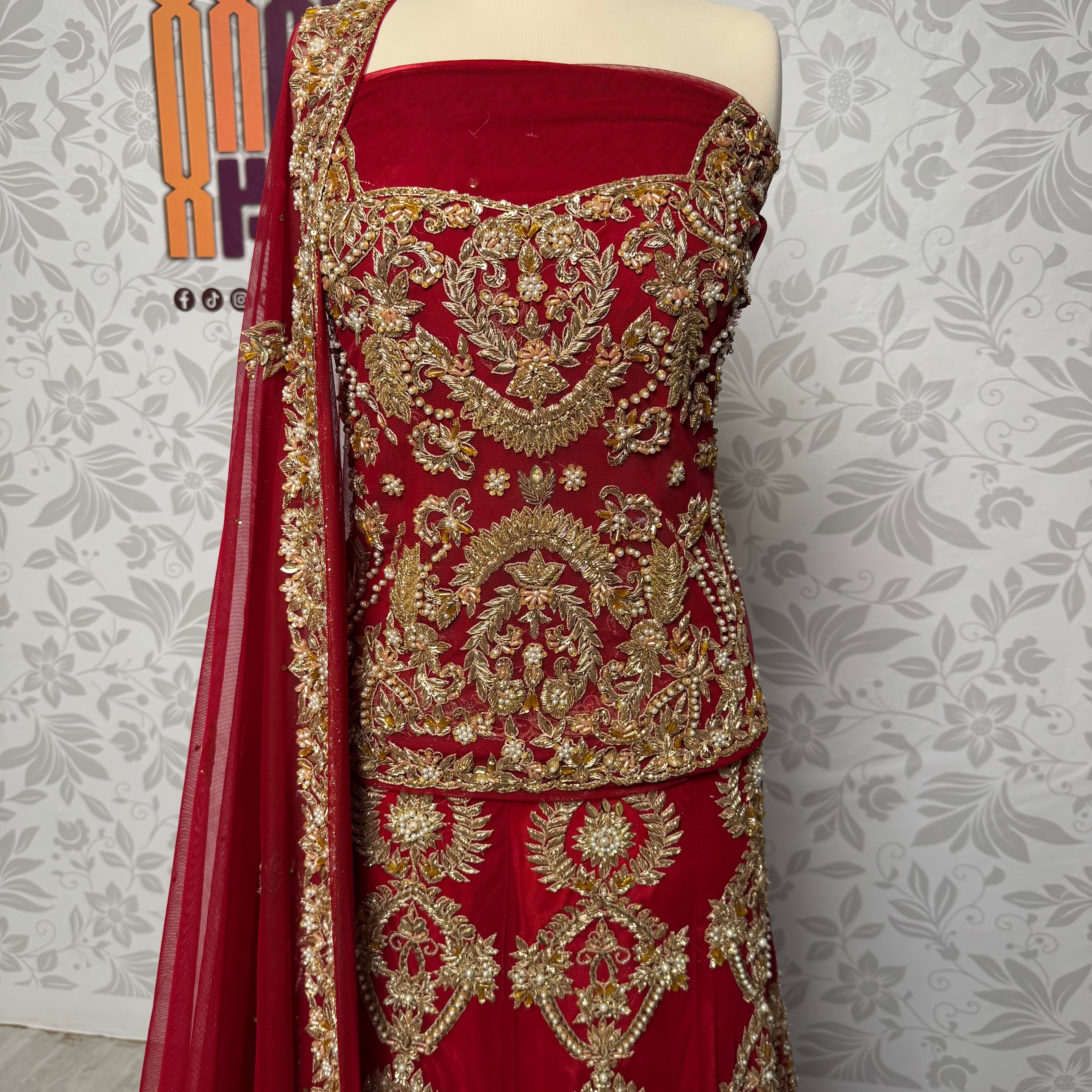 Bridal lehenga hand work shirt front BL015 – deep red Bareeze Net with multi resham motif style kora and dabka embroidery