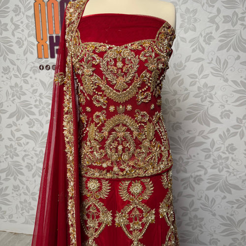 Bridal lehenga hand work shirt front BL015 – deep red Bareeze Net with multi resham motif style kora and dabka embroidery