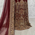 Wedding lehenga hand work BL016 – maroon Bareeze Net with champagne crystal embroidery and border boti back panel Pakistan