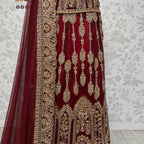 Wedding lehenga hand work BL016 – maroon Bareeze Net with champagne crystal embroidery and border boti back panel Pakistan