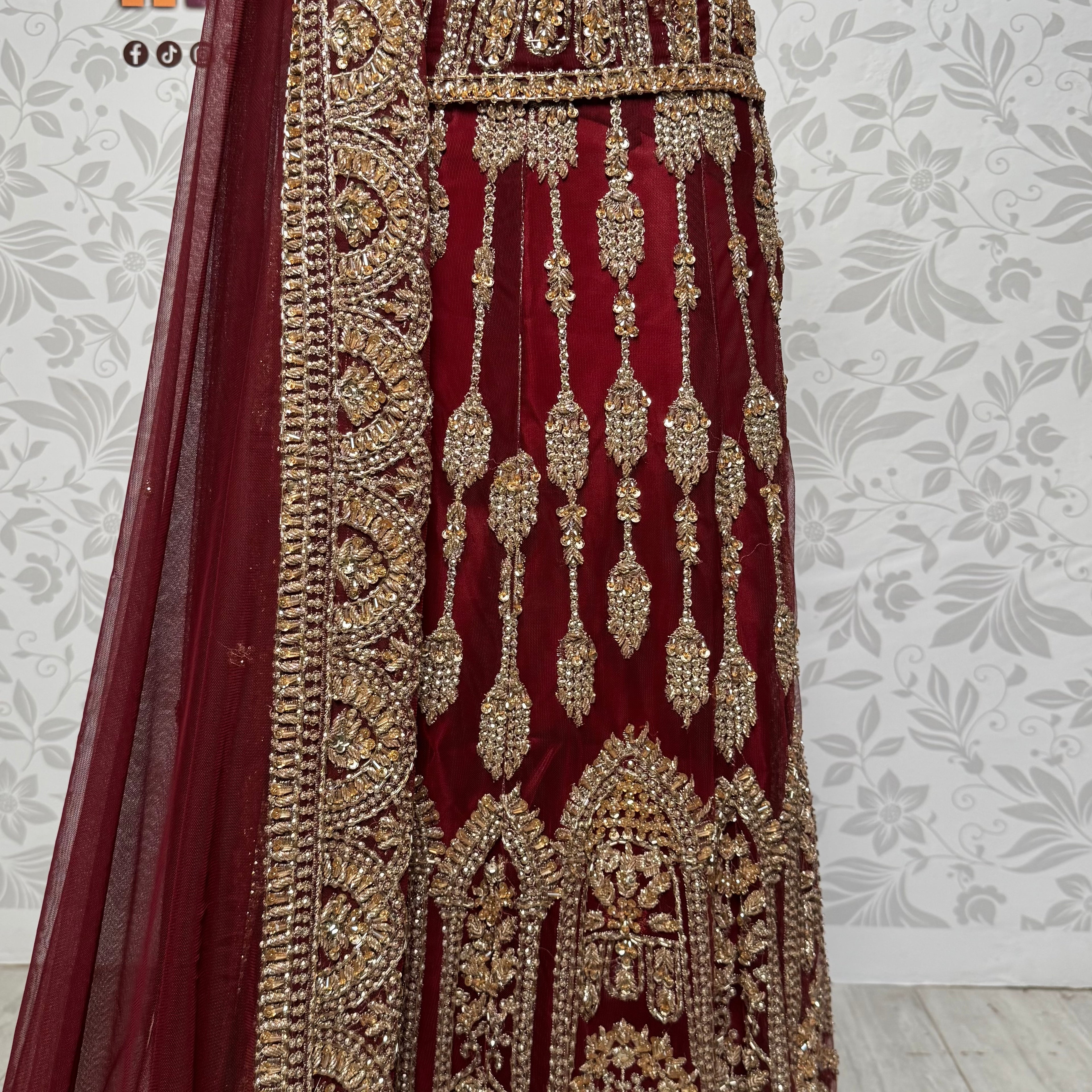 Wedding lehenga hand work BL016 – maroon Bareeze Net with champagne crystal embroidery and border boti back panel Pakistan
