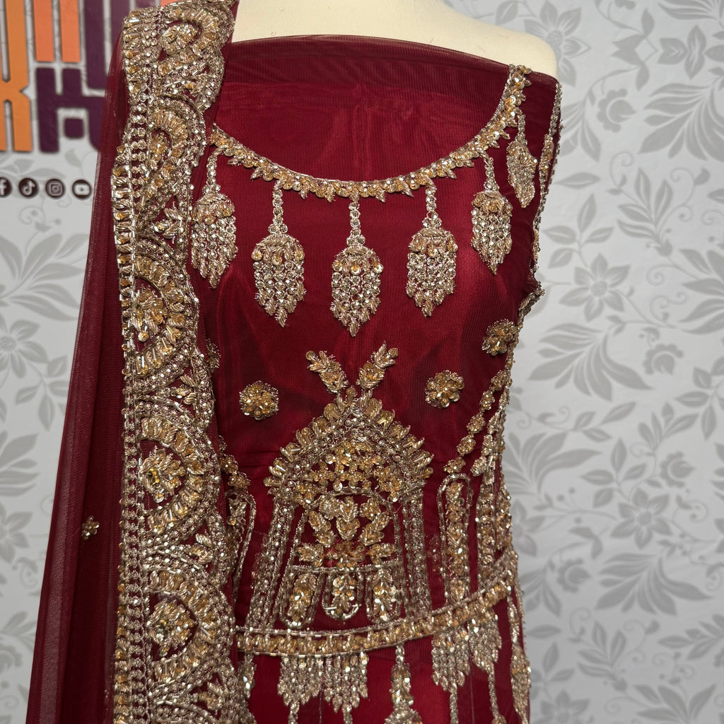 Bridal lehenga hand work shirt front BL016 – maroon Bareeze Net with champagne and crystal hand embroidery bridal design