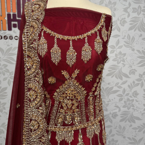 Bridal lehenga hand work shirt front BL016 – maroon Bareeze Net with champagne and crystal hand embroidery bridal design