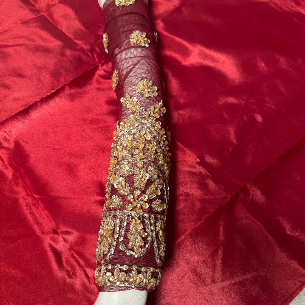 Bridal lehenga Pakistani BL016 sleeves detail – champagne and crystal hand embroidery on maroon Bareeze Net fabric