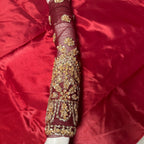 Bridal lehenga Pakistani BL016 sleeves detail – champagne and crystal hand embroidery on maroon Bareeze Net fabric