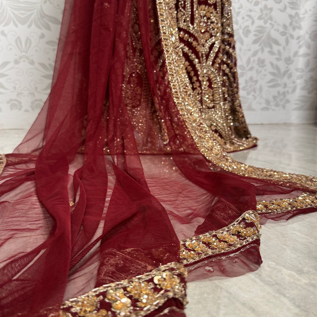 Bridal lehenga online Pakistan BL016 dupatta – maroon with heavy matha patti border boti and light three-side embroidery work