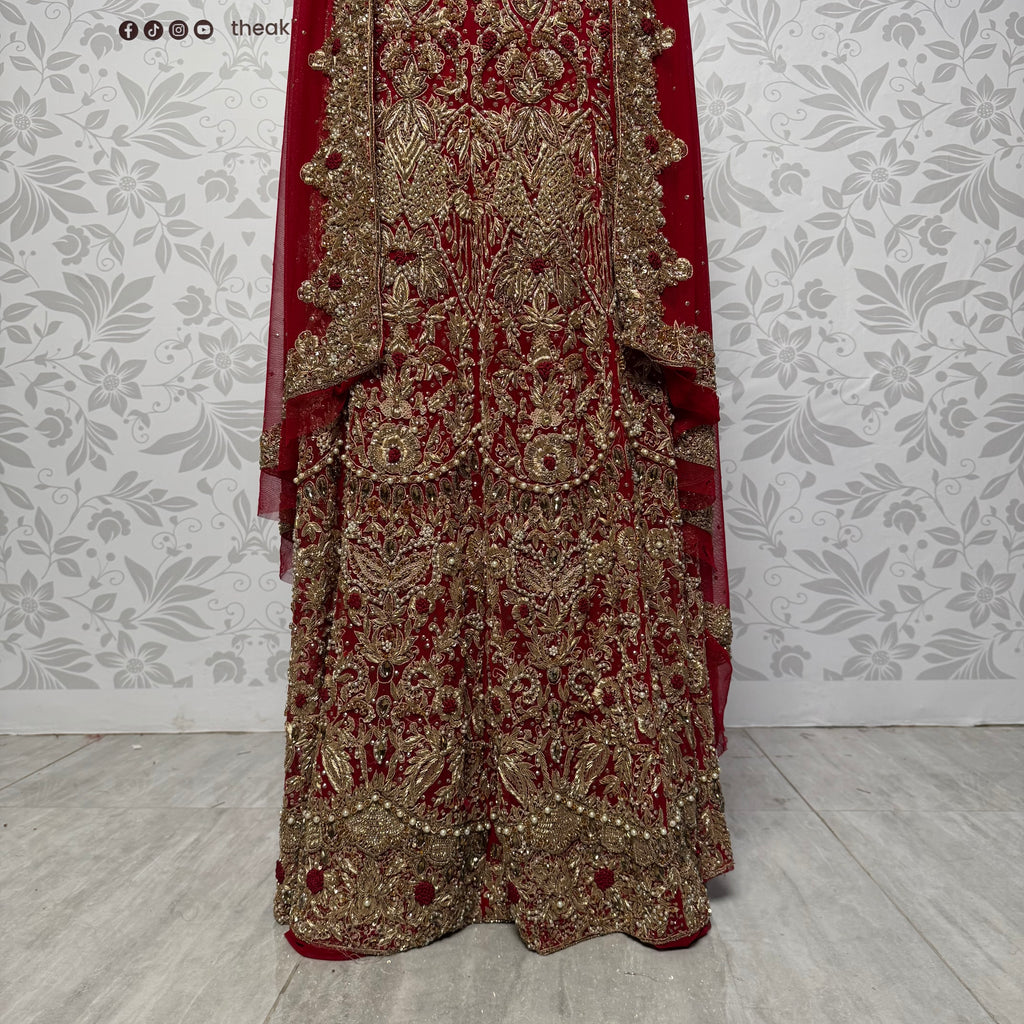 Wedding lehenga hand work BL016 – maroon Bareeze Net with champagne crystal embroidery and border boti back panel Pakistan
