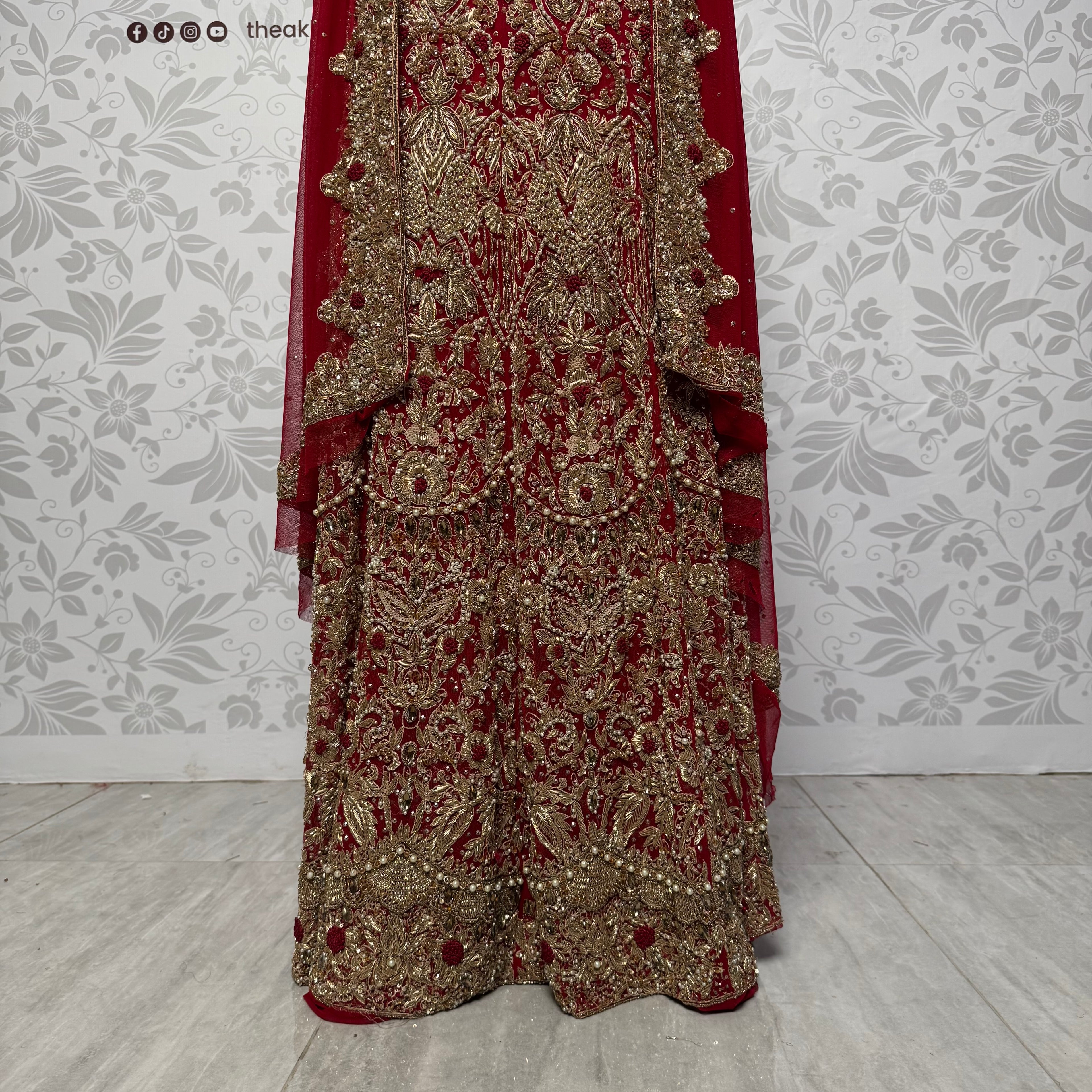 Wedding lehenga hand work BL016 – maroon Bareeze Net with champagne crystal embroidery and border boti back panel Pakistan