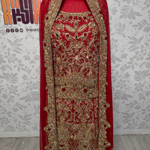 Bridal lehenga hand work shirt front BL017 – deep red Bareeze Net with stone dabka pipal gira kora and crystal pearl embroidery