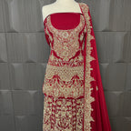 Bridal lehenga hand work shirt view BL019 – deep red crinkle chiffon shirt with kora dabka resham and crystal embroidery bridal Pakistan
