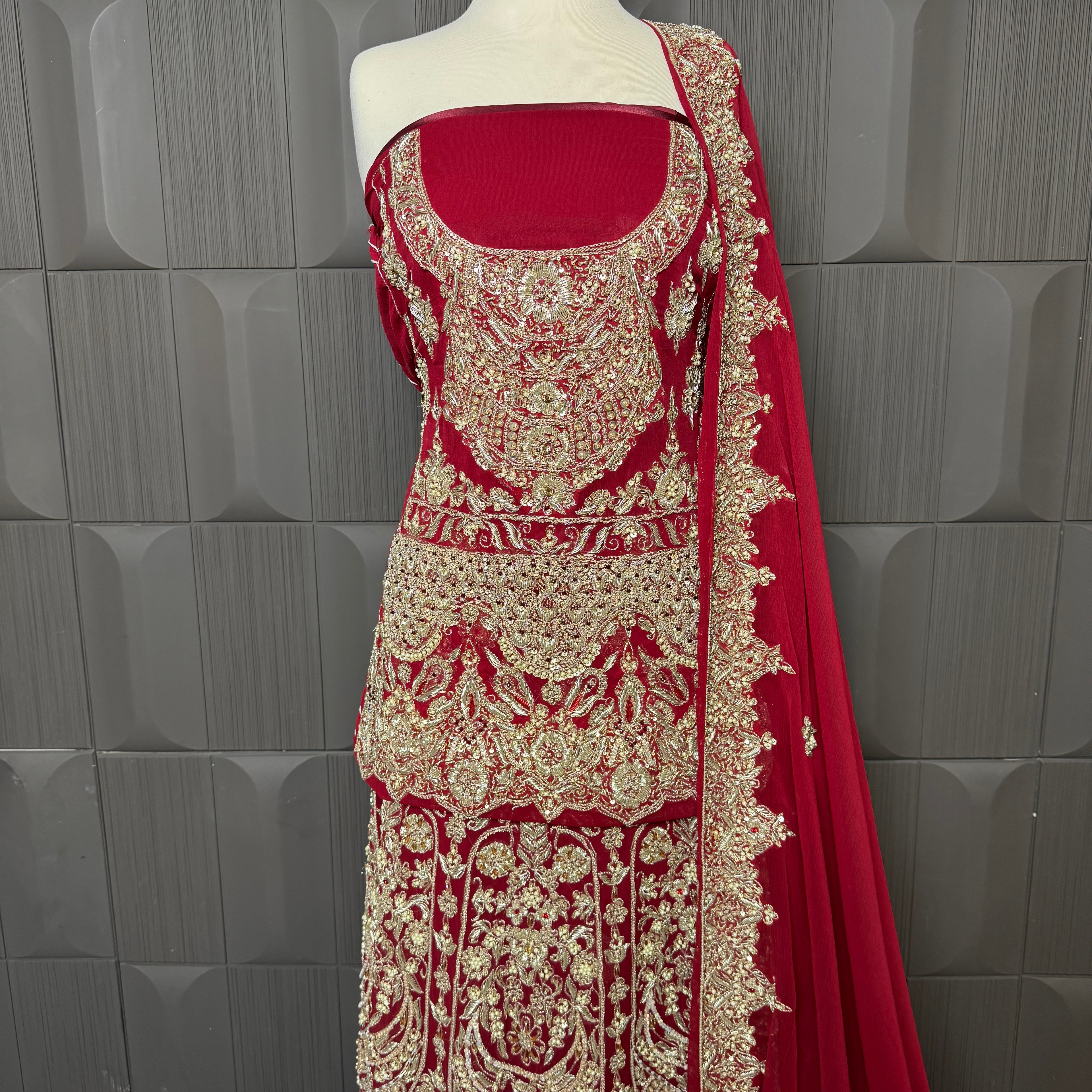 Bridal lehenga hand work shirt view BL019 – deep red crinkle chiffon shirt with kora dabka resham and crystal embroidery bridal Pakistan
