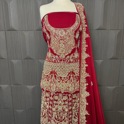 Bridal lehenga hand work shirt view BL019 – deep red crinkle chiffon shirt with kora dabka resham and crystal embroidery bridal Pakistan
