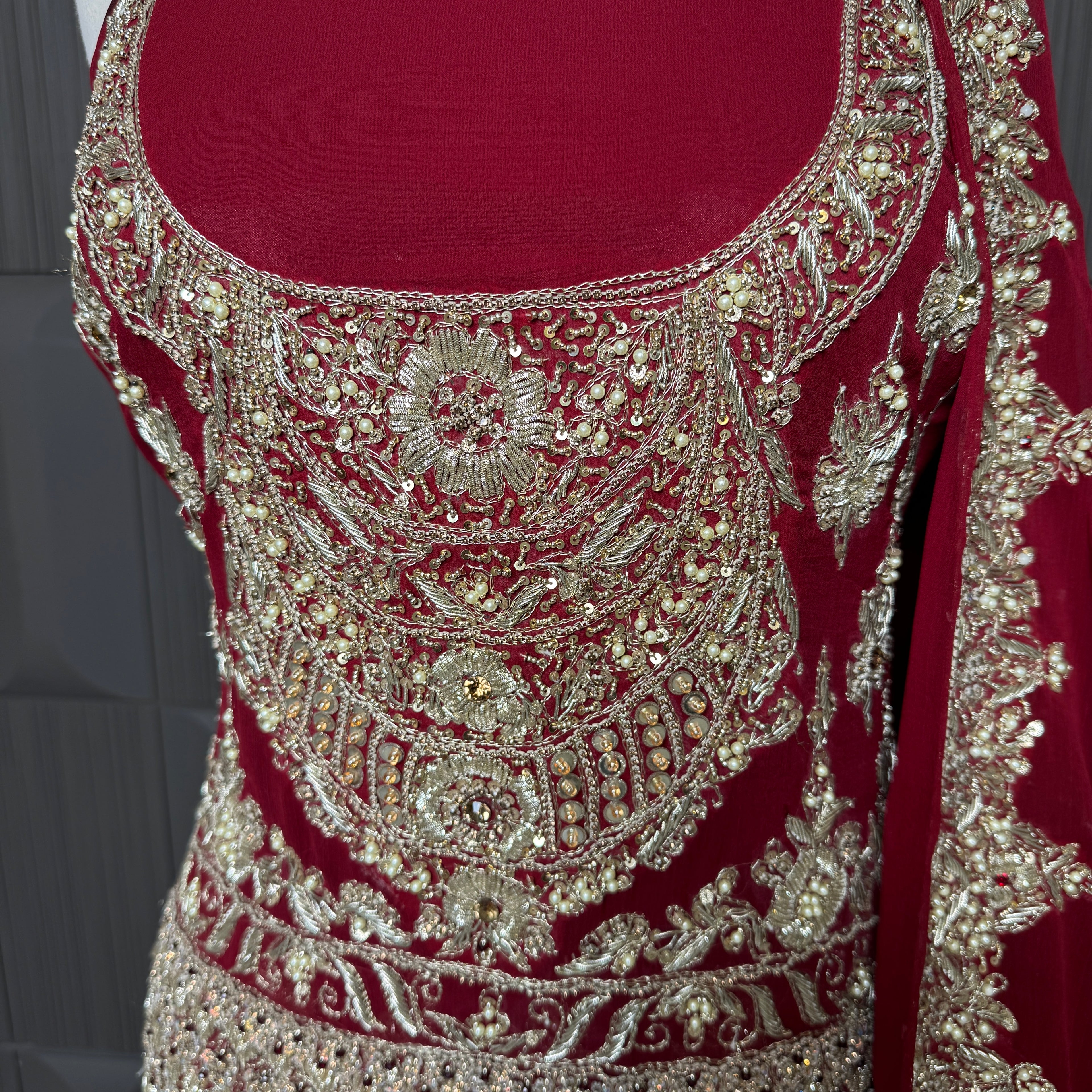 Bridal lehenga Pakistani BL019 shirt close up – kora dabka resham crystal hand work detail on deep red semi pure crinkle chiffon fabric
