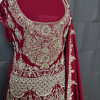 Bridal lehenga Pakistani BL019 shirt close up – kora dabka resham crystal hand work detail on deep red semi pure crinkle chiffon fabric

