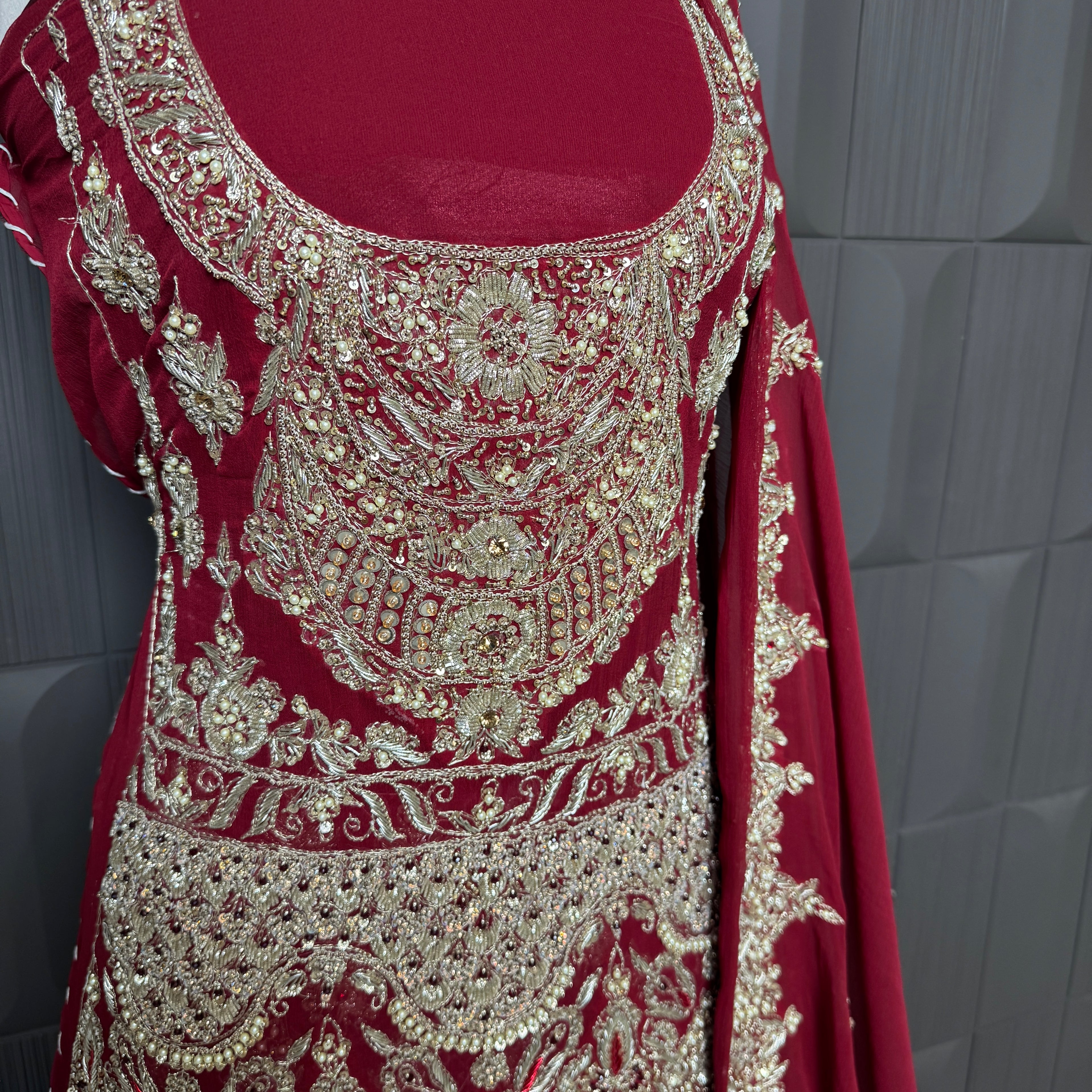 Bridal lehenga Pakistani BL019 shirt close up – kora dabka resham crystal hand work detail on deep red semi pure crinkle chiffon fabric
