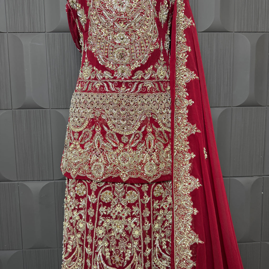 Wedding lehenga hand work BL019 lehenga view – deep red crinkle chiffon with kora dabka resham and crystal embroidery full skirt Pakistan
